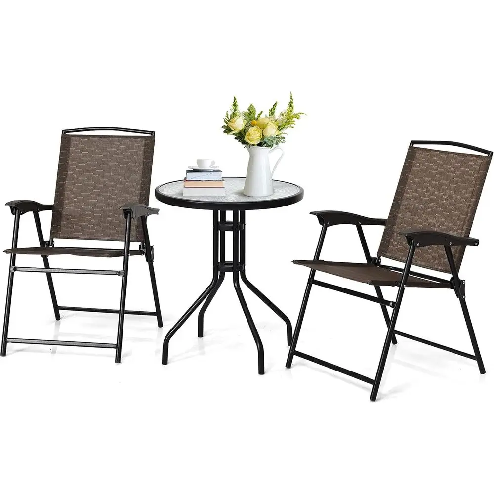 

3-Piece Outdoor Bistro Set with Tempered Glass, Round Table and 2 Folding Chairs for Garden, Poolside, Backyard