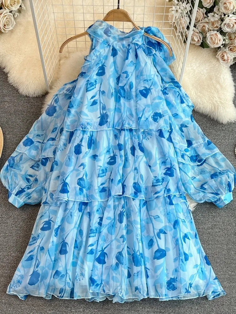Vestido de chiffon com decote doce, ombro à mostra, praia, férias, linha a, estampa floral, maxi estilo coreano, manga cri...