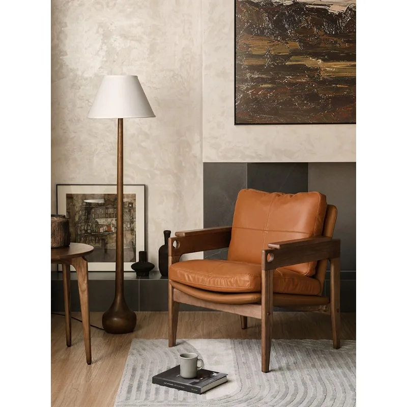 

Single sofa Leisure Reading Solid wood leather retro Wabi-sabi