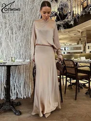 Oymimi Elegant Khaki Women 2 Piece Set Outfit Casual O-Neck Long Sleeve Tops And High Waist Slim Floor-Length Skirts Female Sets