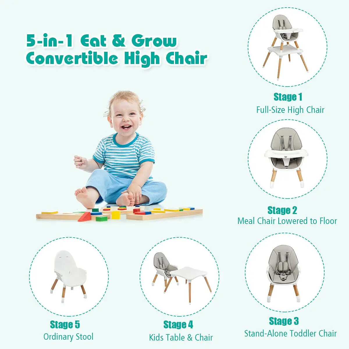 Baby High Chair, 5-in-1 Convertible Wooden Highchair and Toddlers/Table and Chair Set/Toddler Chair with Safety Harness