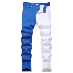 Mcikkny Men Fashion Casual Jeans Pants Color Block Patchwork Denim Trousers Slim Fit