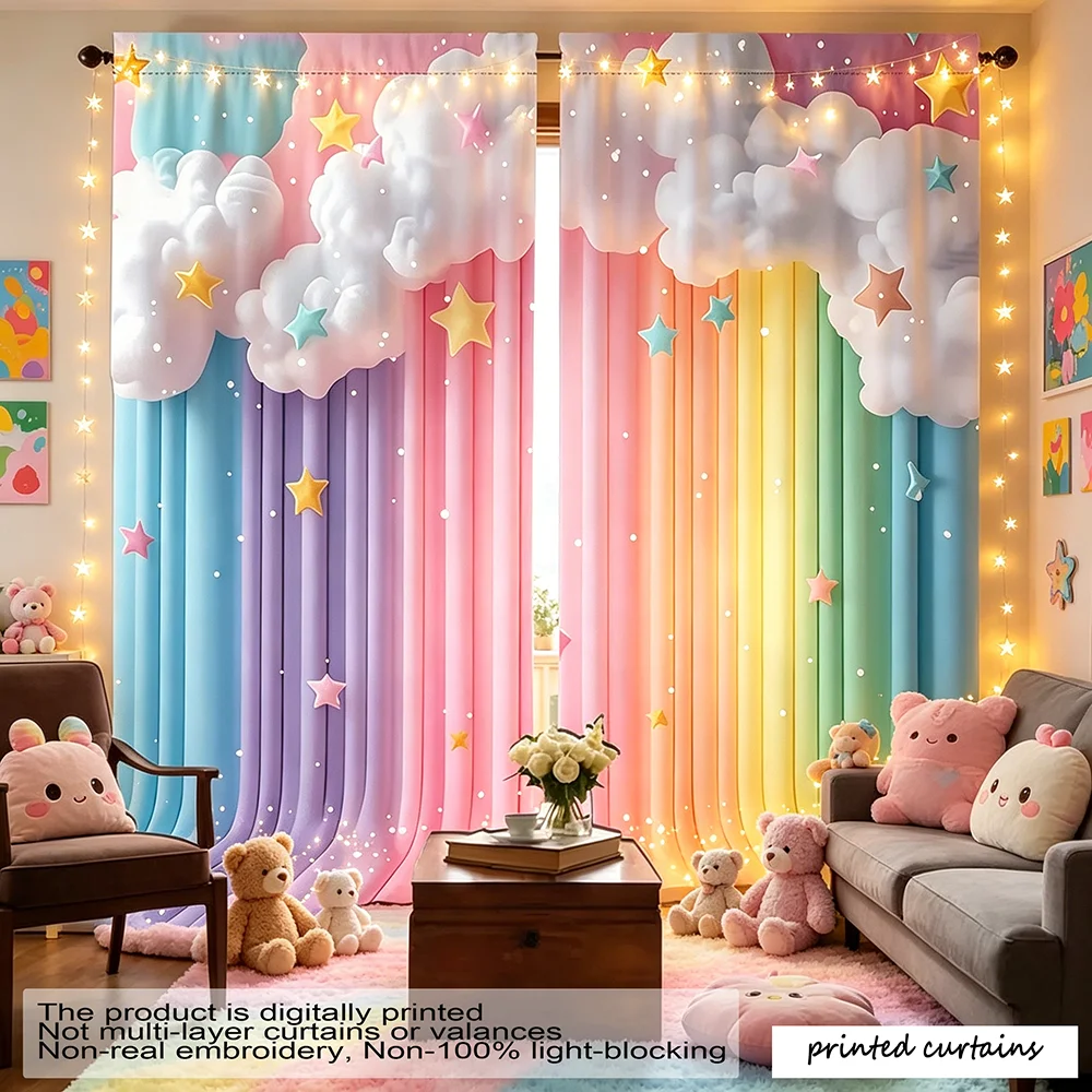 【 2D Flat Printing 】 2PCS Dreamy cloud star Pattern Curtains, Easy to Hang through the Pole, Suitable for Decorating Curtains in