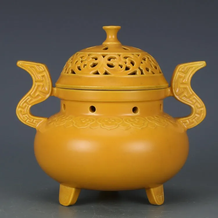 Chinese Yellow Porcelain Censer Tripod Incense Burner Qing Qianlong Amphora 5.5