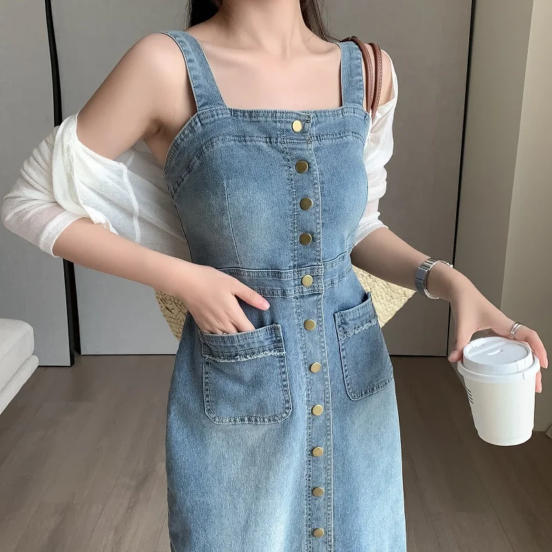 

Large Size Retro Suspender Denim Dress Women Tassel Single-breasted Slip Long Dresses Summer Strap High Waist Slim Dresses