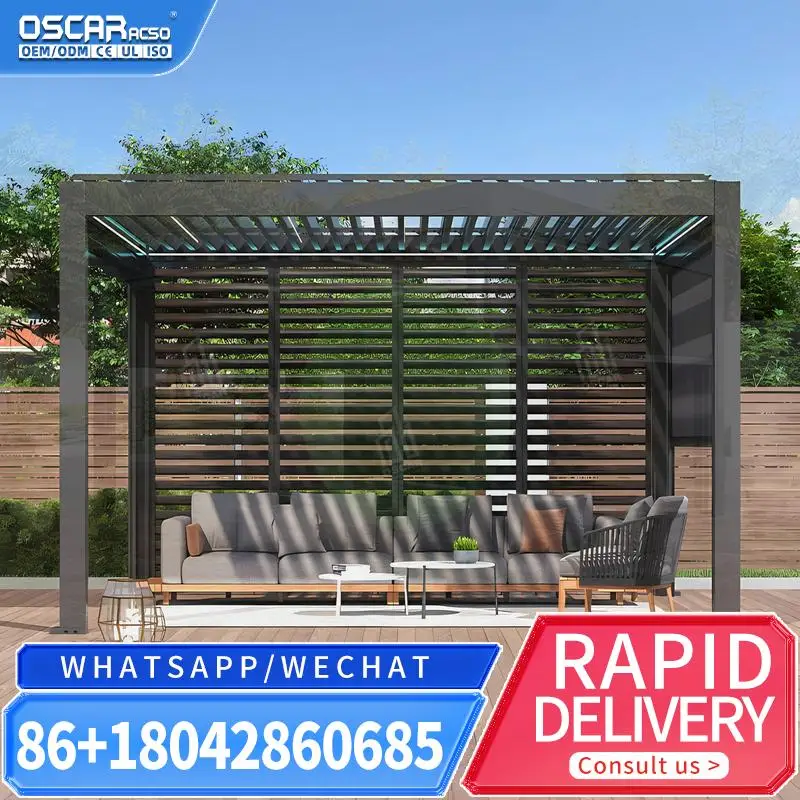 Motorized Aluminum Retractable Louvre Roof Bioclimatic Shade Structure for Garden Patio Balcony pergola