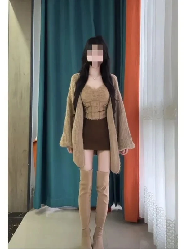 

Korean Style Commute Knitted Open Cardigan Three-Piece Set Women's Loose Slimming Lace Strap Half-Skirt Set Autumn Spring Fas...