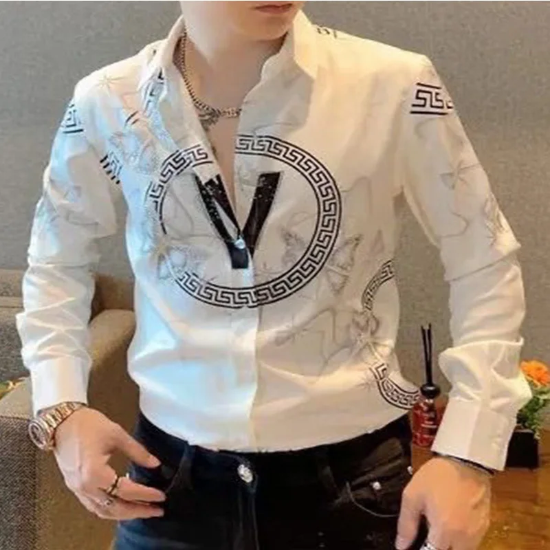 2024 New Summer Elegant Fashion Gothic Loose Casual Handsome Men\'s Shirt Men\'s Wear Print Button V Neck Long Sleeve Chic Tops