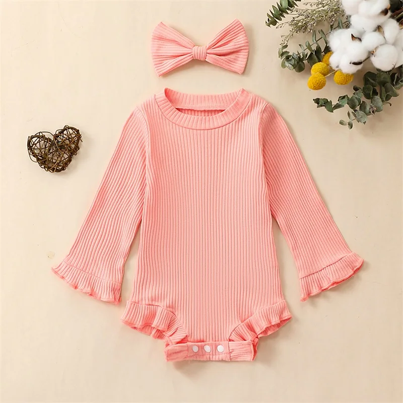 

Mubineo Baby Girl Bell Long Sleeve Romper Outfits Cute Clothes Rib Knit Bodysuit Rompers Jumpsuit Tops Newborn Outfit