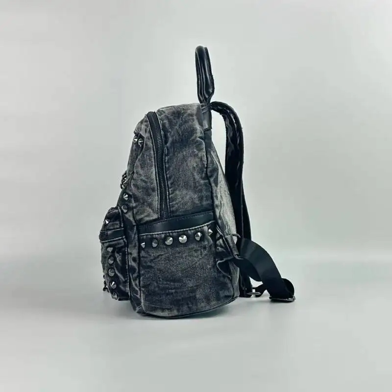 Hip-hop Punk Style Backpack Big Eyes Decals Fashion Backpack Tie-dyed Denim Schoolbag Chain Rivet Decoration Young Men And Women