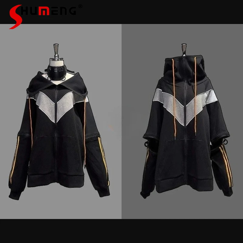 

Black Orange Functional Hooded Sweatshirts 2 Piece Sets Japanese Casual Zipper Hoodie Coat Elastic Waist Shorts Outfit For Women