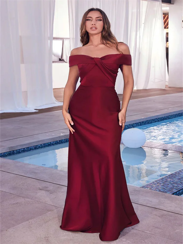 Stunning Floor-length Satin Dress With Off-the-shoulder Neckline Strapless Strapless Bustier Twist Design Flared Hem Gown