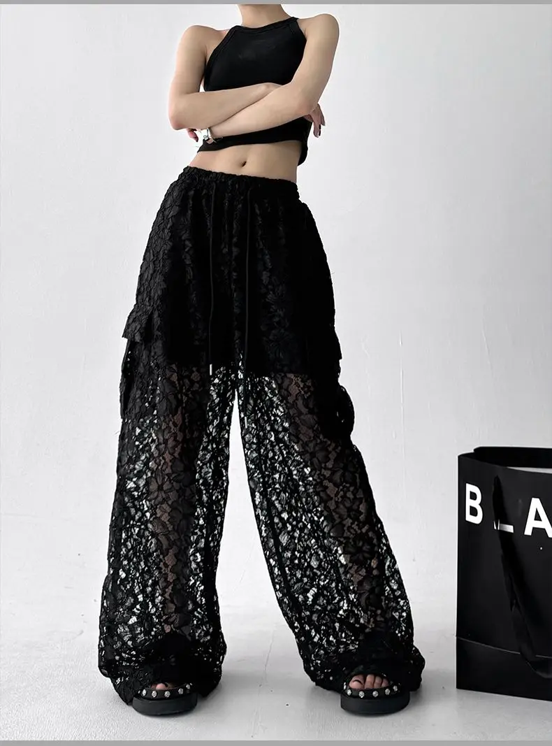 2026 Black Casual Pants Women's Summer Versatile Design Sense Splicing Hollow Lace Premium Sense Straight Wide Leg Pants