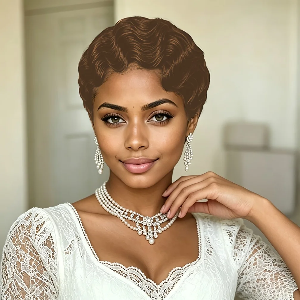150% Density  Brazilian Finger Wave Curly Wave Human Hair Wig  Short Pixie Cut Finger Wave Style Full Machine Made Wig