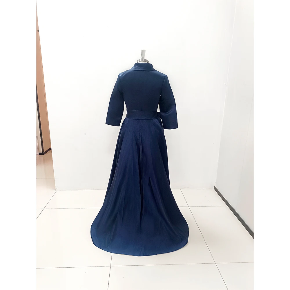 Formal Dress Women Charming Dark Navy Mother of The Bride Dresses Elegant V-Neck A-line Bow Belt Wedding Party Robes Sleeves