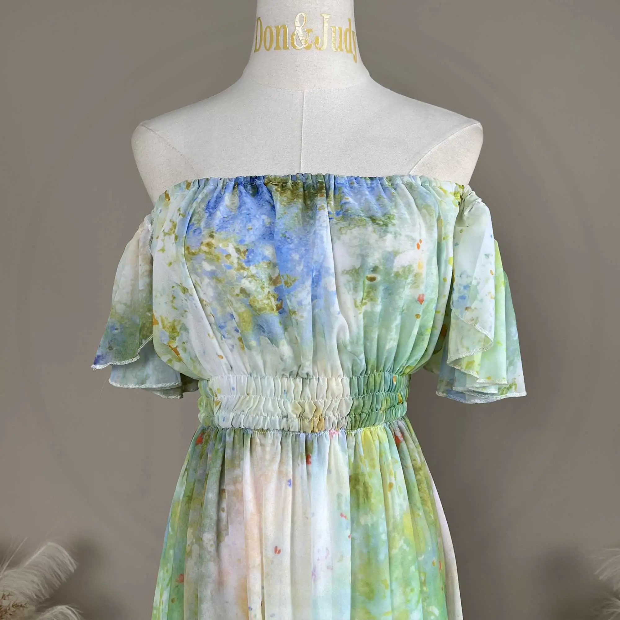 Don&Judy Off-the-Shoulder Short Sleeve Maxi Dress with Watercolor Floral Print Elastic Waist Maternity and Non-maternity Gown