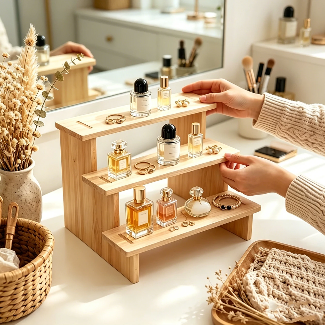 

1pc 3-layer/4-layer wood ladder type jewelry display rack, multi-layer necklace ring storage rack, desktop jewelry perfume rack