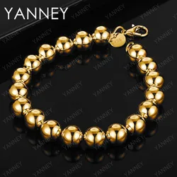 925 Sterling Silver 18K Gold 8 Inches 10MM Smooth Beads Bracelet For Women Men Punk Charm Party Gift Fashion Jewelry