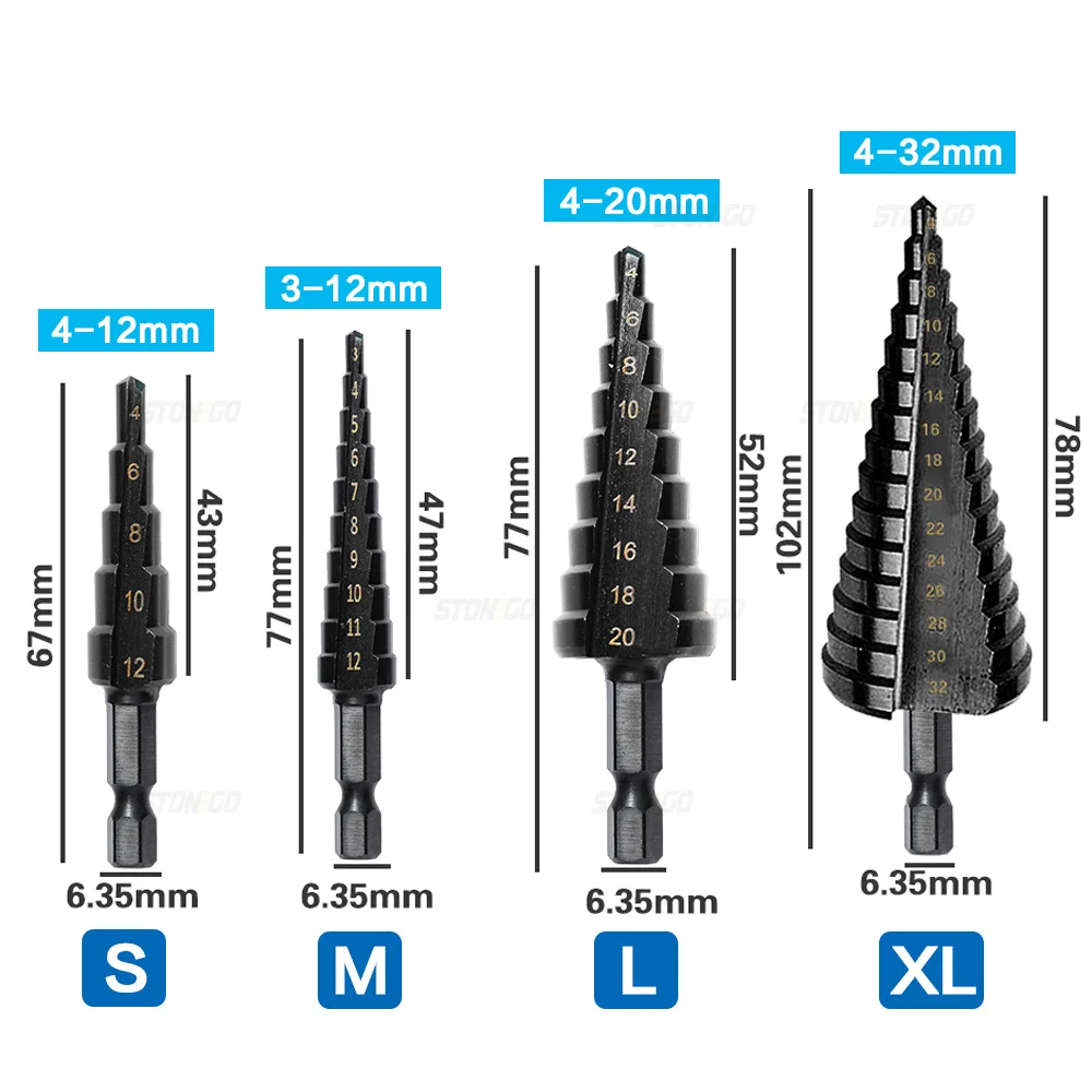 STONEGO 1PC Nitride Coated HSS Straight Hex Shank Step Drill Bit for Cutting on Wood, Plastic, PVC, Iron Plate