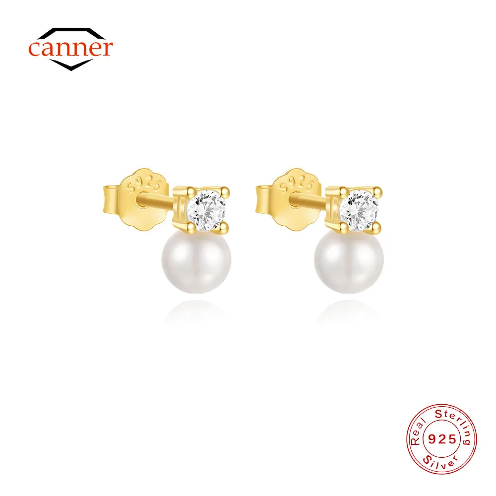 CANNER Four Clawed Zircon Minimalism Pearl 925 Sterling Silver Stud Earrings For Women Ins French Exquisite Earrings Jewelry