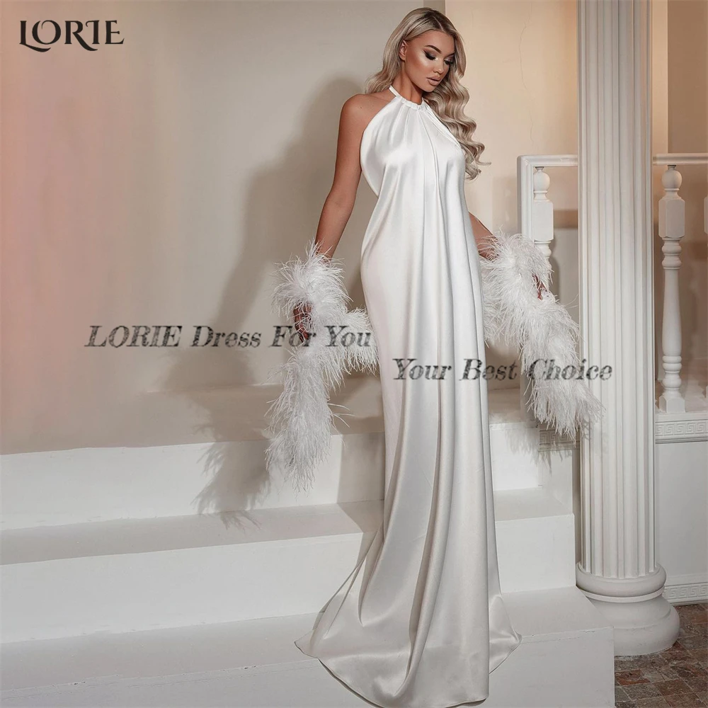 LORIE Bohmia abiti da sposa solidi Halter a-line Backless senza maniche abito da sposa lunghezza del pavimento abito da sposa in raso senza piume mantello