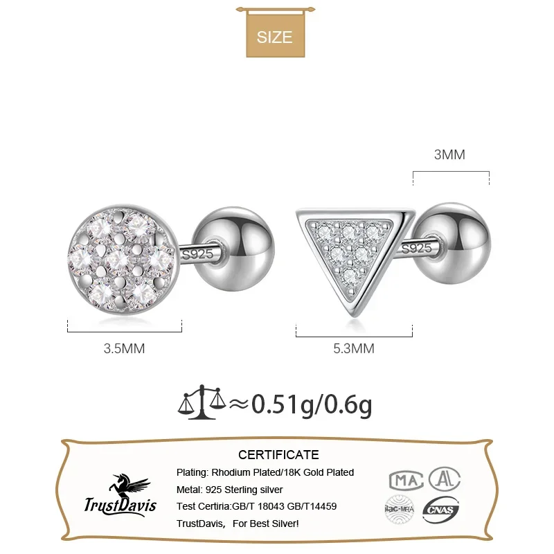 TrustDavis Real 925 Sterling Silver Triangle Round CZ Screw Stud Earrings For Women Children Girls Minimalist Jewelry DA2445