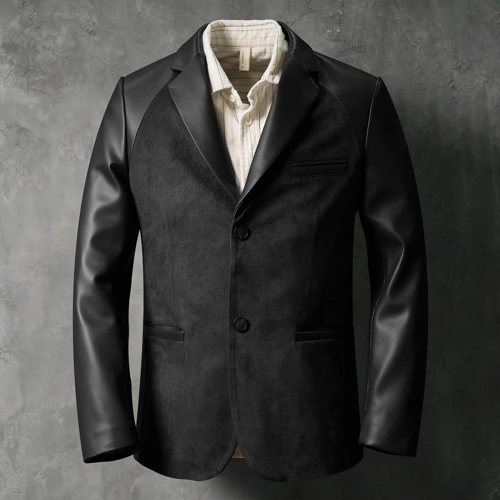 

Autumn Korean Men's Jacket PU Leather Patchwork Velvet Single Breasted Man Coat Business Casual Slim Fit Tailored Male Blazer