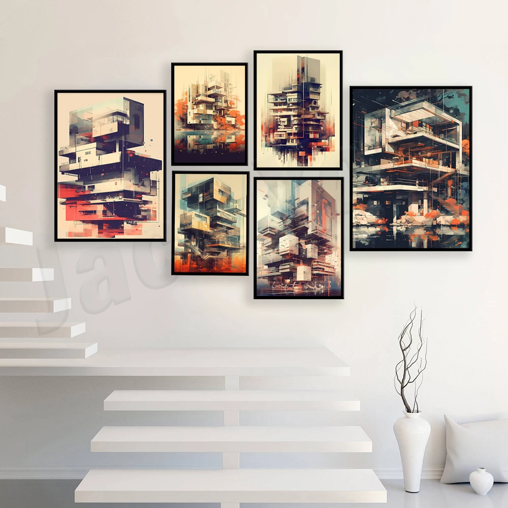 Brutalist architecture wall art, architectural prints, illustrations, retro filters, medieval concept art, architectural posters