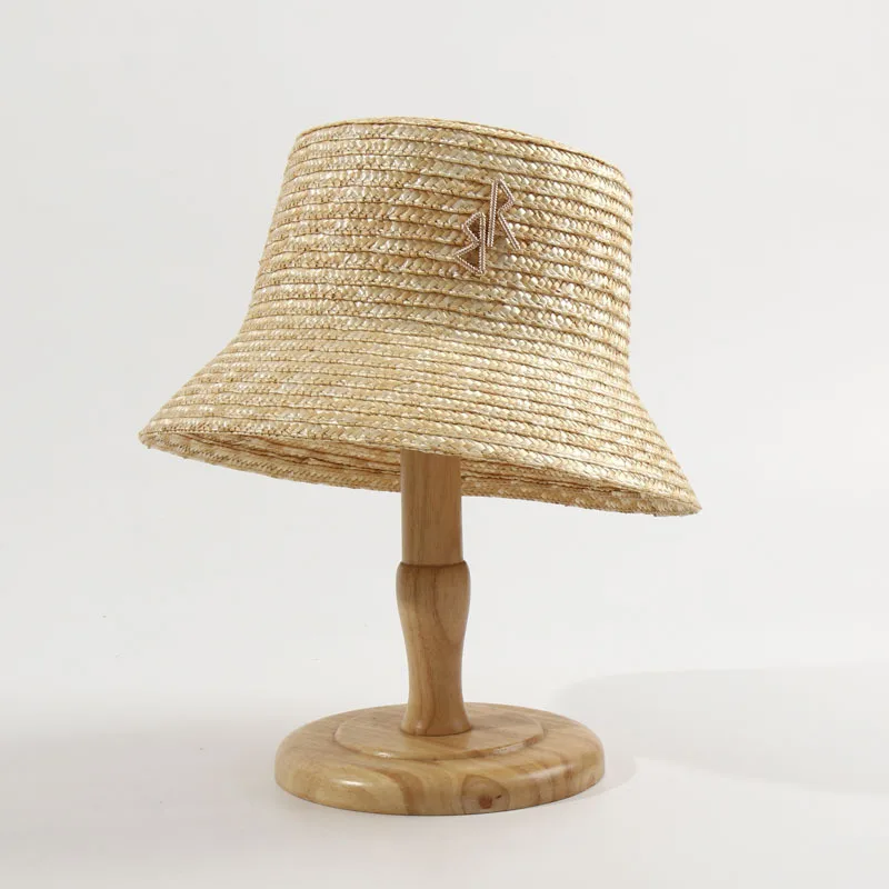 European RB Letter Design Flat Top Fisherman Wheat Straw Bucket Sun Hat Cross Border
