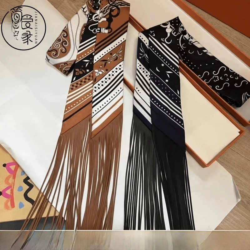 Bufanda de seda decorativa de estilo coreano Retro para mujer, bufanda larga con borlas de cuero de 130x5cm, accesorio de moda para otoño