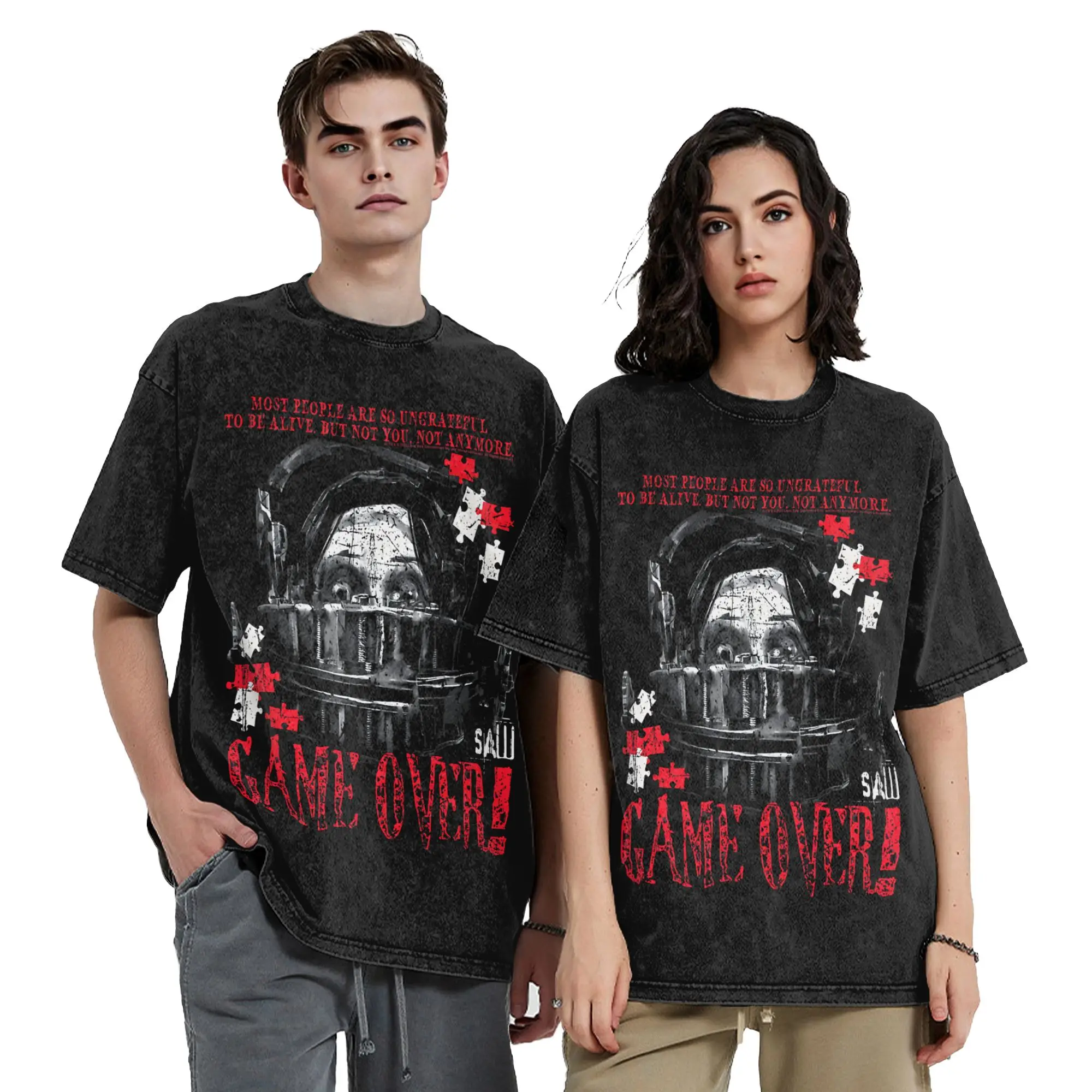 Kill Character Vintage Movie Saw Halloween Horror Washed T Shirts Streetwear HipHop Vintage T-Shirt Tees for Men Oversize Summer