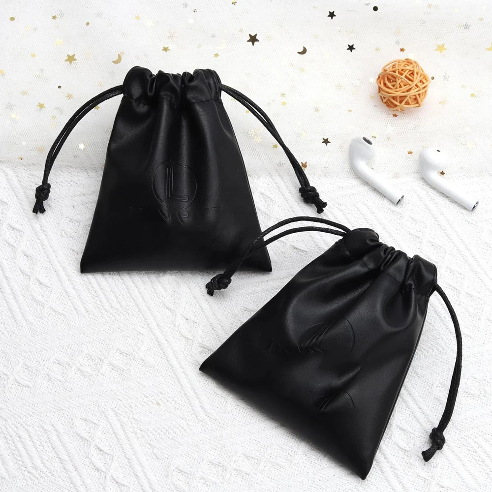 

Custom Logo Black PU Leather Beauty Bag Luxury Makeup Jewelry Package Drawstring Pouch Wedding Travel Brush Toiletries Dust Sack