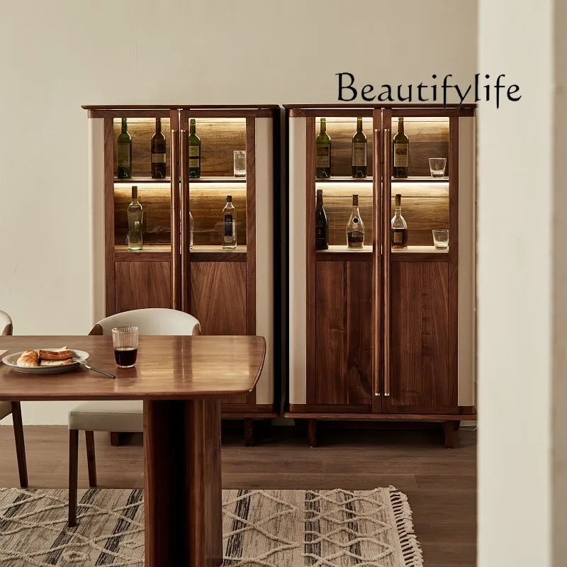 European Entry Lux Black Walnut Solid Wood Wine Cabinet Modern Simple Home Double Door Sideboard Cabinet