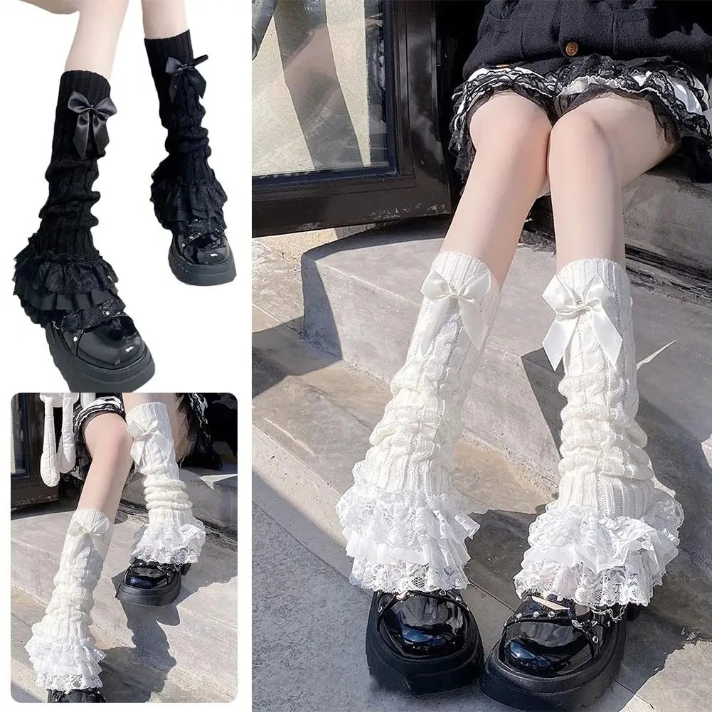 

Японские женские вязаные гетры с бантом, многоуровневые носки с рюшами, кружевные носки в стиле Лолиты для девочек, Т-образные кружевные гетры с рогами, женские P1J5