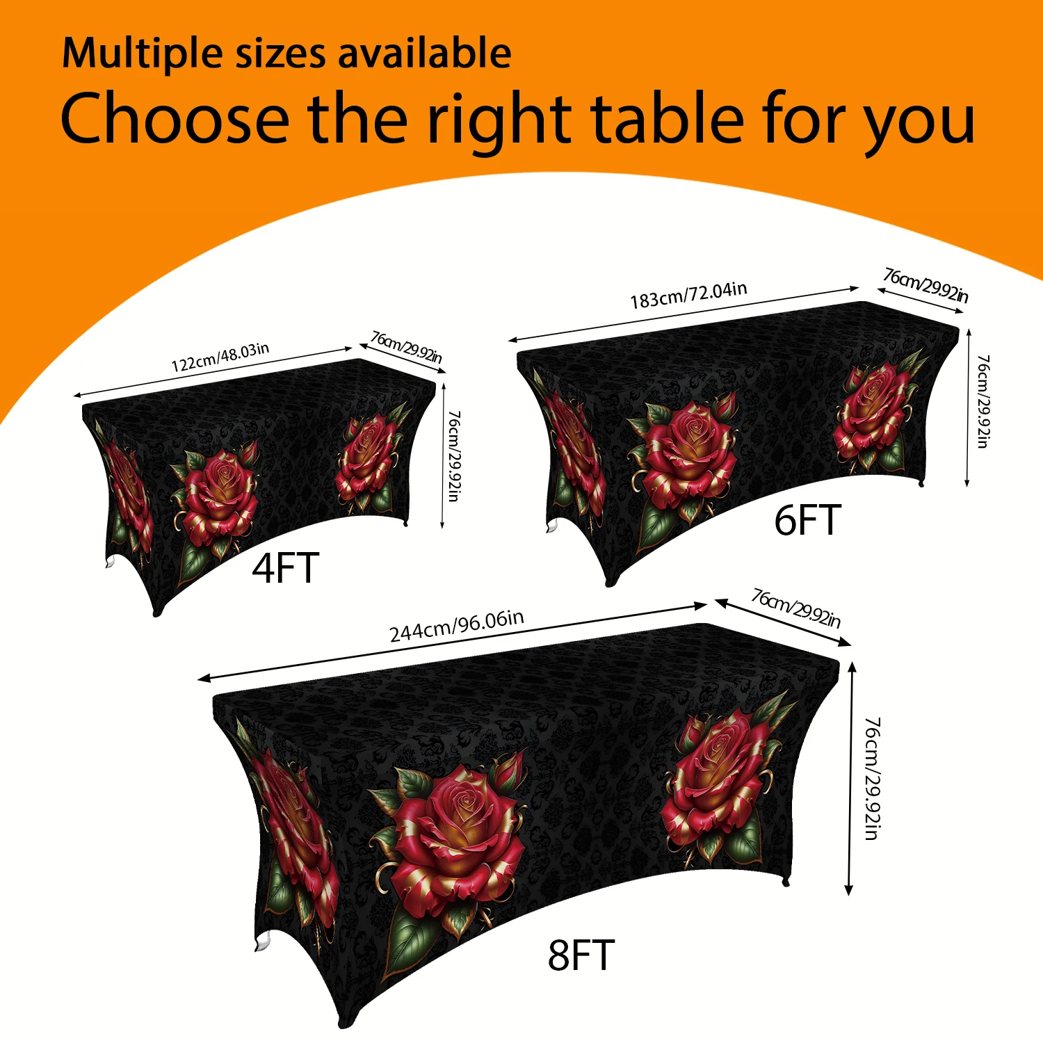 1PC Summer Outdoor Elastic Tablecloth, Red Rose & Black Damask Digital Print, 4/6/8FT Rectangular Stretch Ta