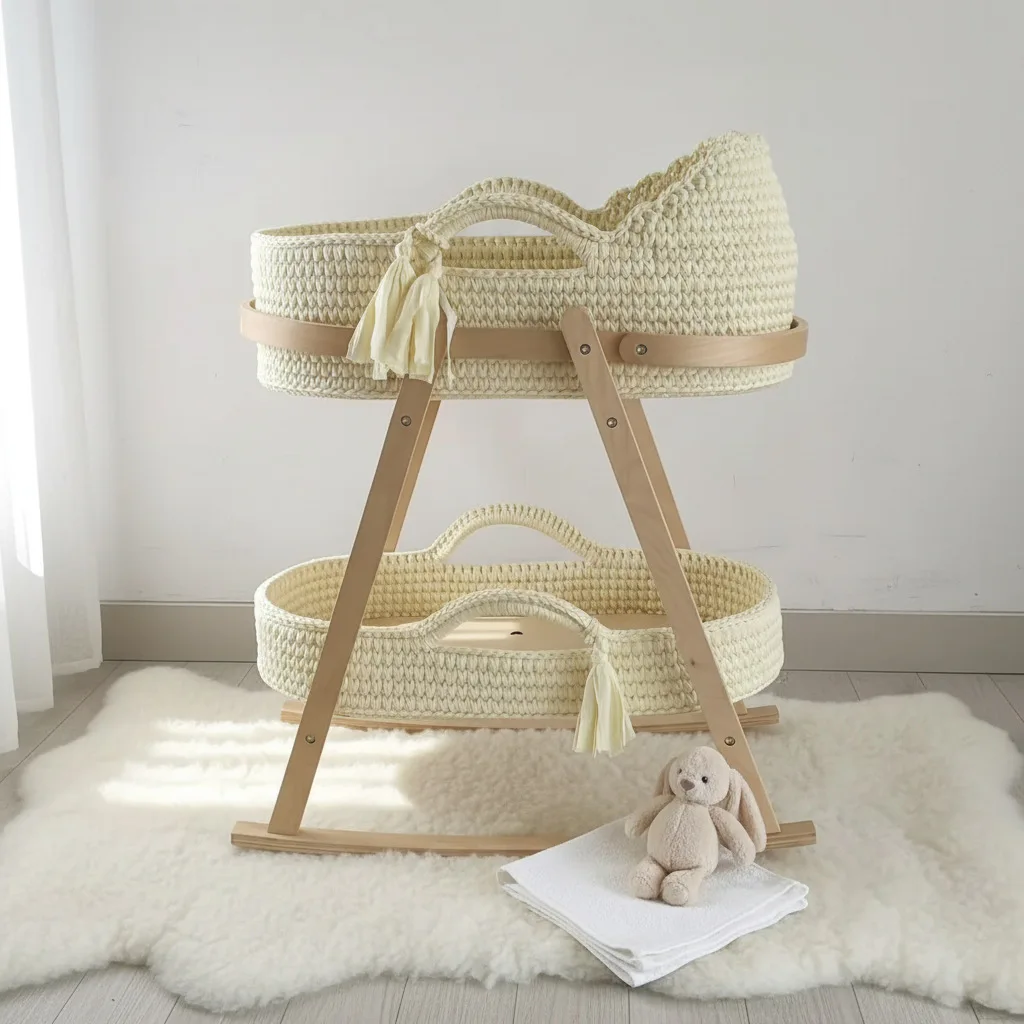 Hand Crochet Moses Cradle Hand Framed Cotton Rope Knitted Crib Baby Centennial Gift
