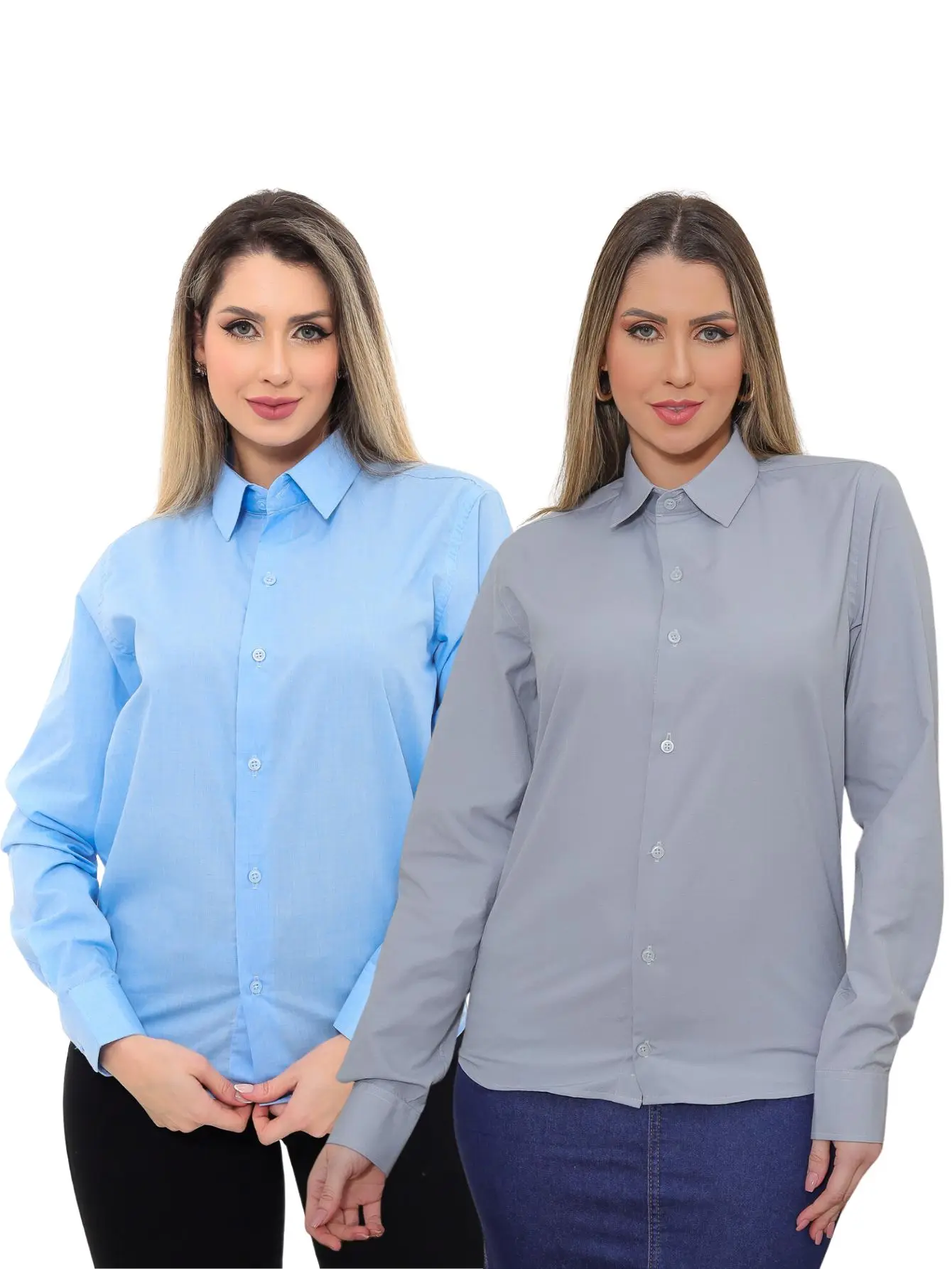 Women's KIT 2 Pieces-Premium Light Blue Linen Type Social Shirt and Slim Gray Social Shirt