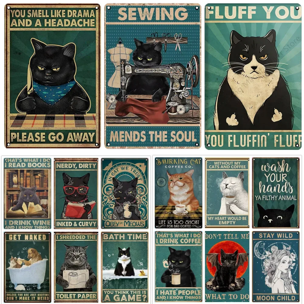 Schwarze Katze Metallschild Vintage Rinder Metallplakette Zinn Malerei Kunst Poster Küche Dekoration für Wohnzimmer Pet Shop