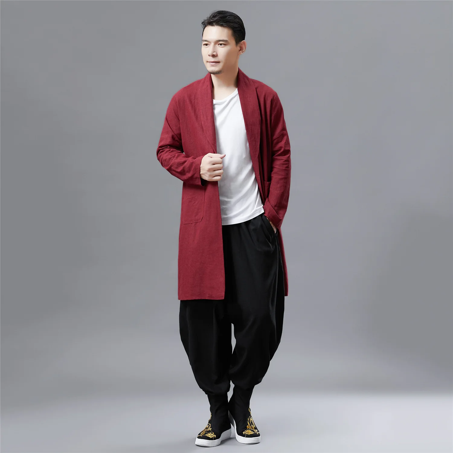 Windbreaker Vintage Tai Ji Suit Martial Arts Kung Fu Performance Stand Collar Men's Mid-Length Solid Color Cardigan  Fit