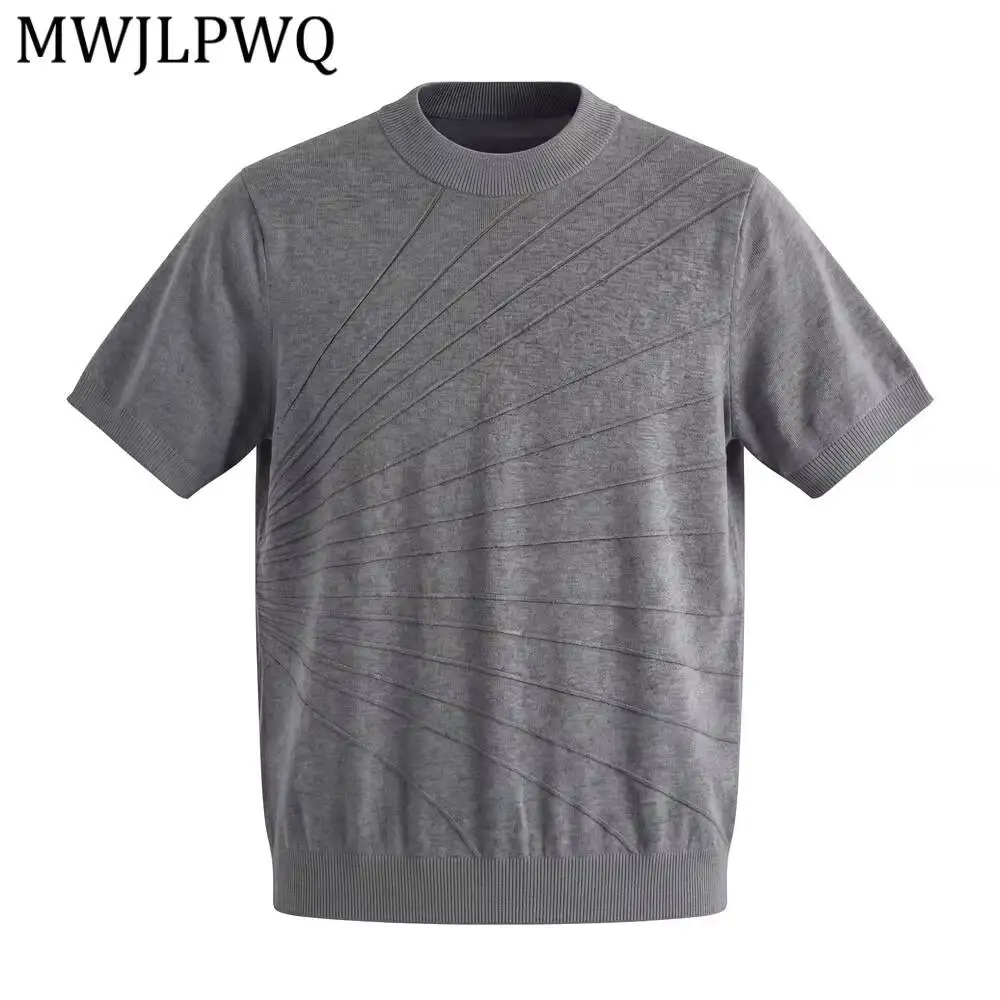 MWJLPWQ Tide Style Knitted Short Sleeve T-Shirt Men Trend Irregular Solid Color Jacquard Loose Thread Regular Shoulder Top 17053