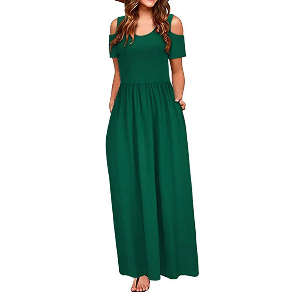 

2024 New Boho Women'S Summer Off Shoulder Long Maxi Dress Elegant Pocket Short Sleeve Dress Loose Beach Shirt Dress Robe Femme