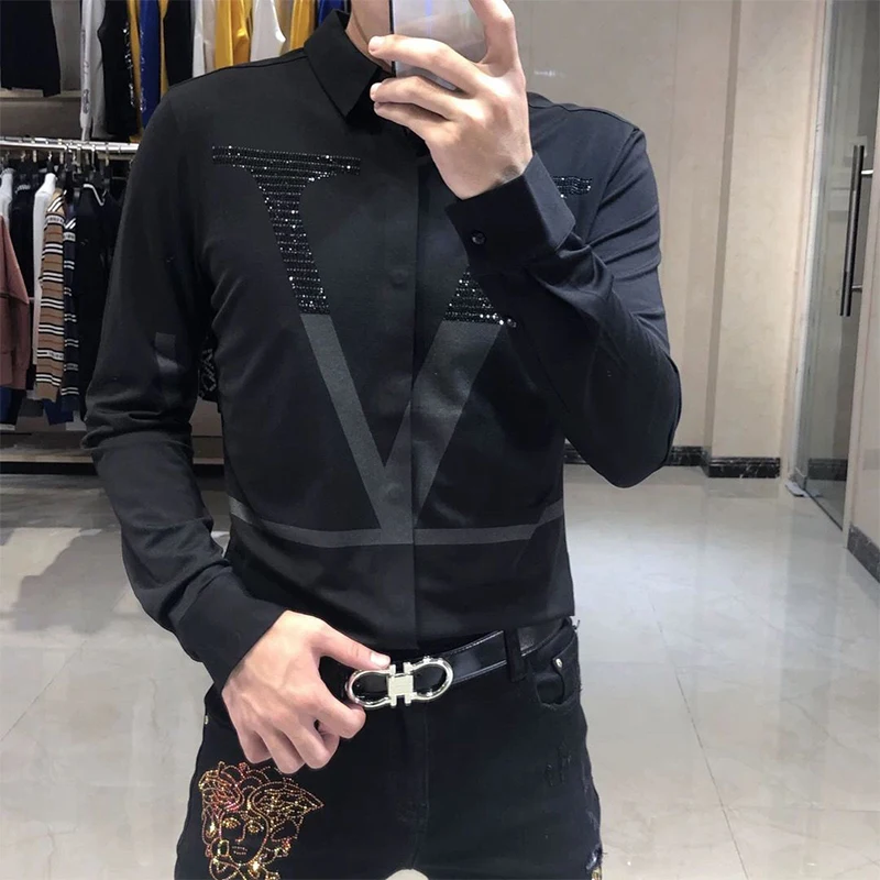 Brand Quality Men Diamonds Letter Print Social Shirts Fashion Luxury Men\'s Slim Fit Black Long Sleeve Dress Shirt Chemise Homme