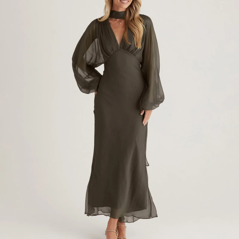 

2025 New Temperament Women's Clothing Autumn Design Dress Fashion Scarf V-neck Long-sleeved Hip-wrapped Dress