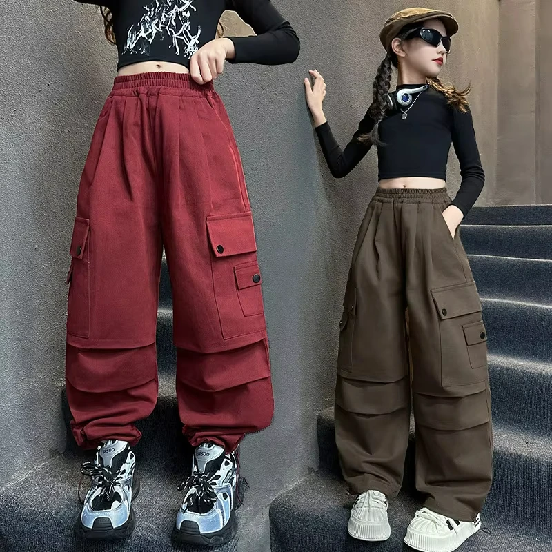 New Spring Kids Cargo Pants Teen Girl Child High Street Burgundy Trousers Street dance wide leg pants With Pockets 4-14Years