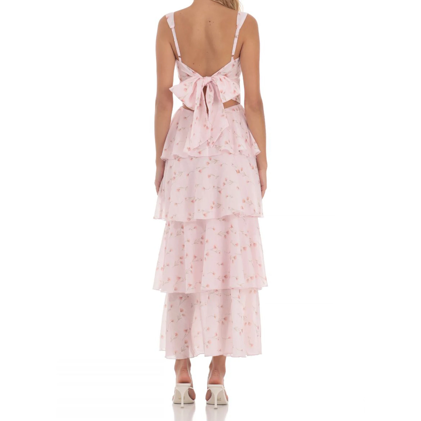 ผู้หญิงยาว Cami Dress แขนกุดดอกไม้พิมพ์ฉัตรชุดชายหาดกลับผ้าพันแผลออกแบบสําหรับเทศกาลออกเดทค็อกเทลปาร์ตี้