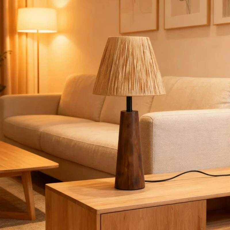 

Wooden desk lamp with rope shade, bedroom living room bedside lamp