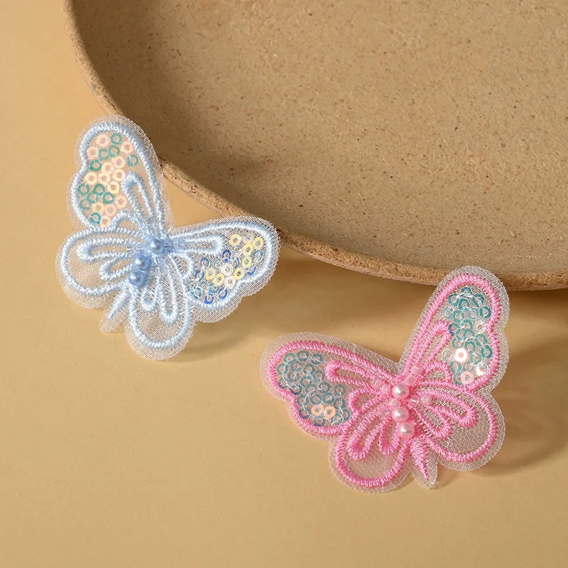 100pcs Colorful Gold Thread Embroidered Butterfly Pearl Hair Clips for Kids DIY Crafts