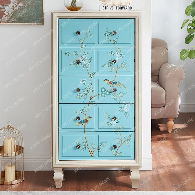 HMedieval style painted chest cabinet solid wood porch cabinet bedroom diner foyer three drawers storage side cabinet
