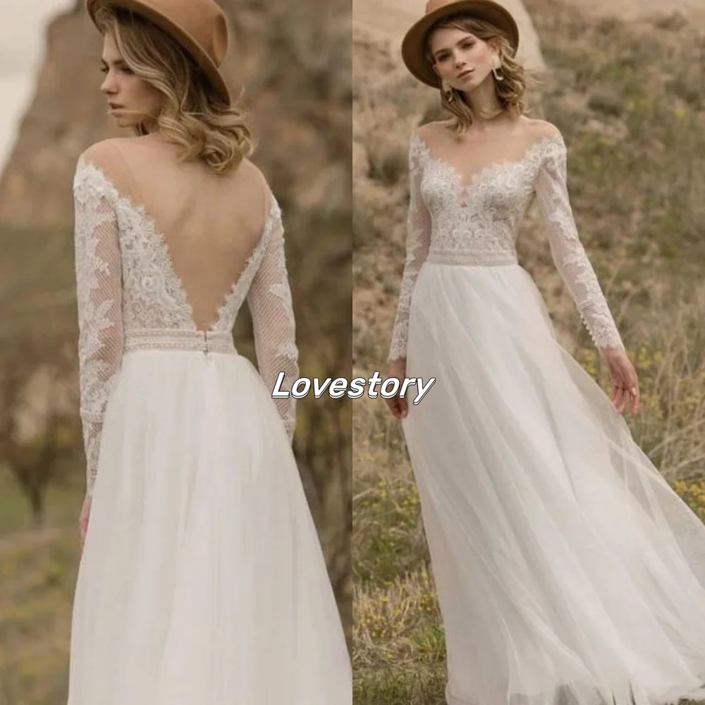 

Boho A Line Wedding Dresses Lace Long Sleeves Tulle Simple Illusion Back Bride Dress Sweep Train Bridal Gown Vestido De Novia