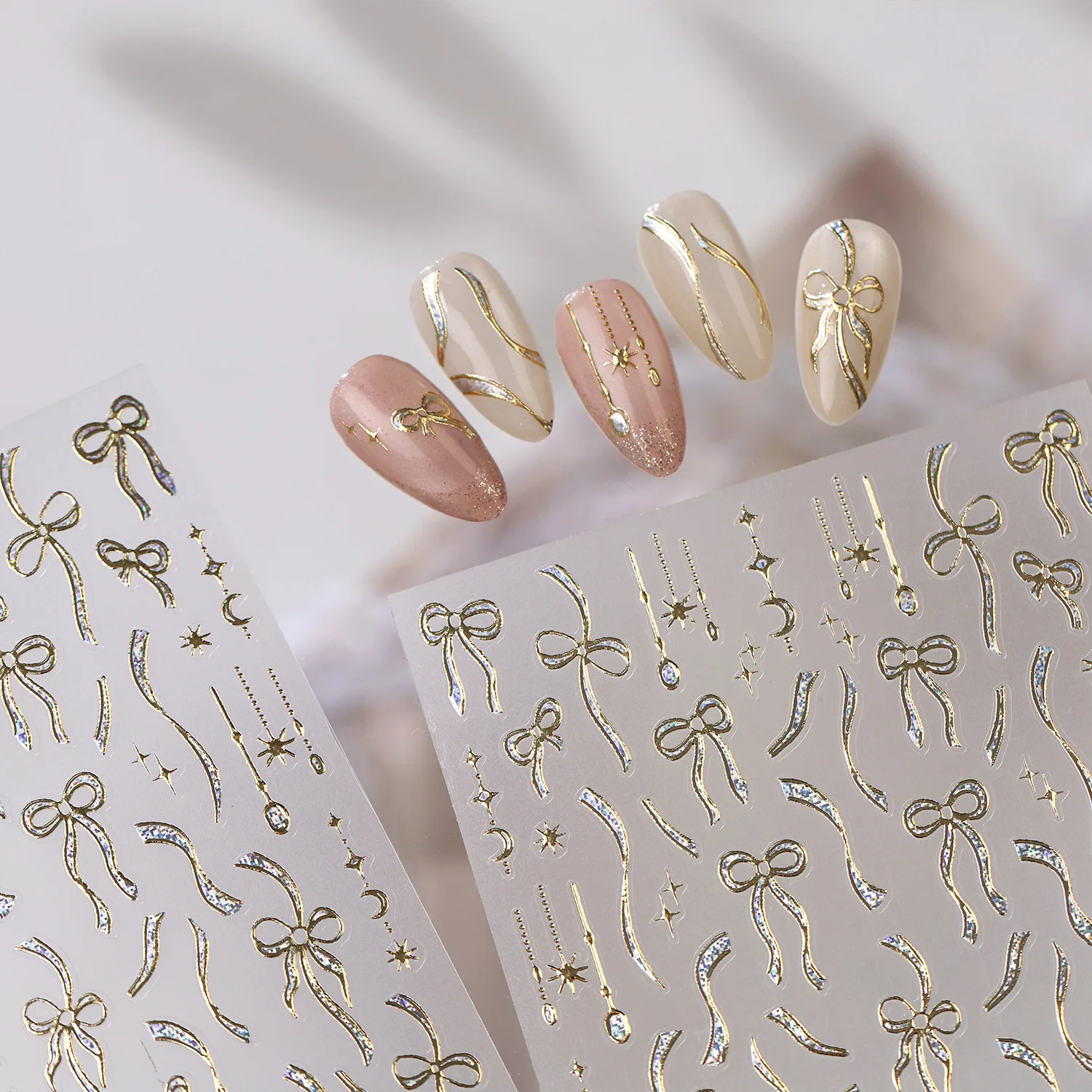 Holographic Bow 5D Nail Stickers Ribbon Moon Star Pendant Star Gilded Metal Flowing Bow Decal Self Adhesive Sparkly Manicure DIY